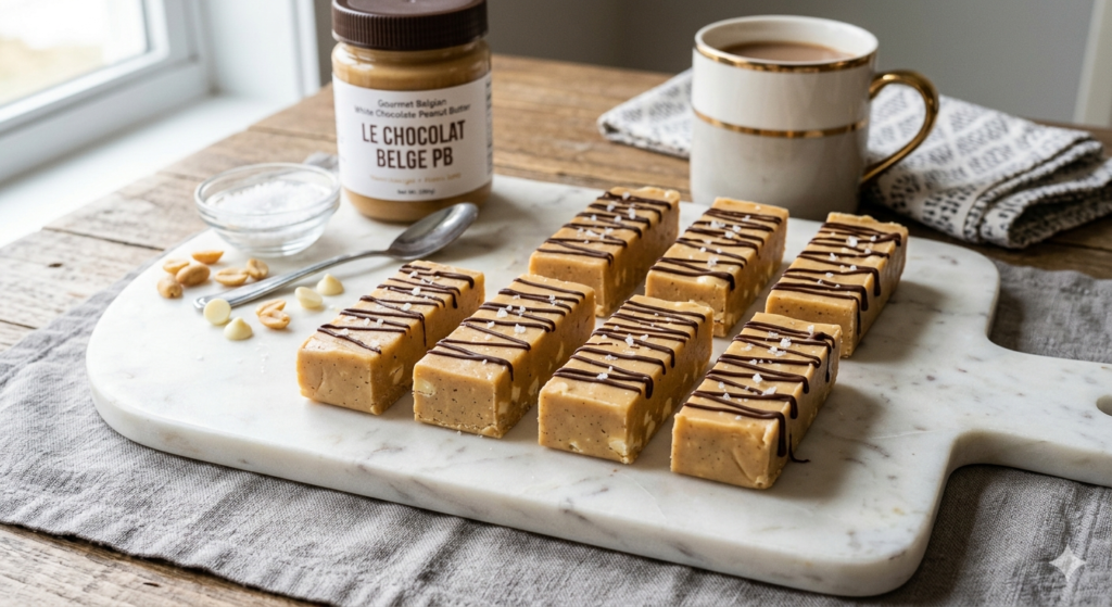No-Bake Belgian White Chocolate Peanut Butter Protein Fudge Bars