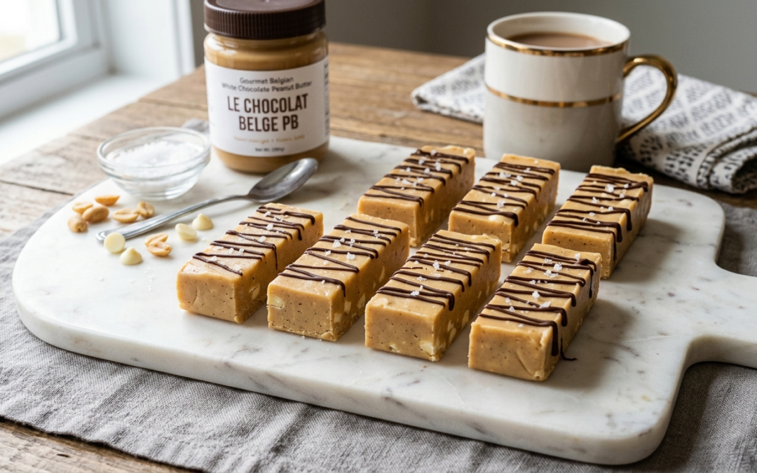 No-Bake Belgian White Chocolate Peanut Butter Protein Fudge Bars