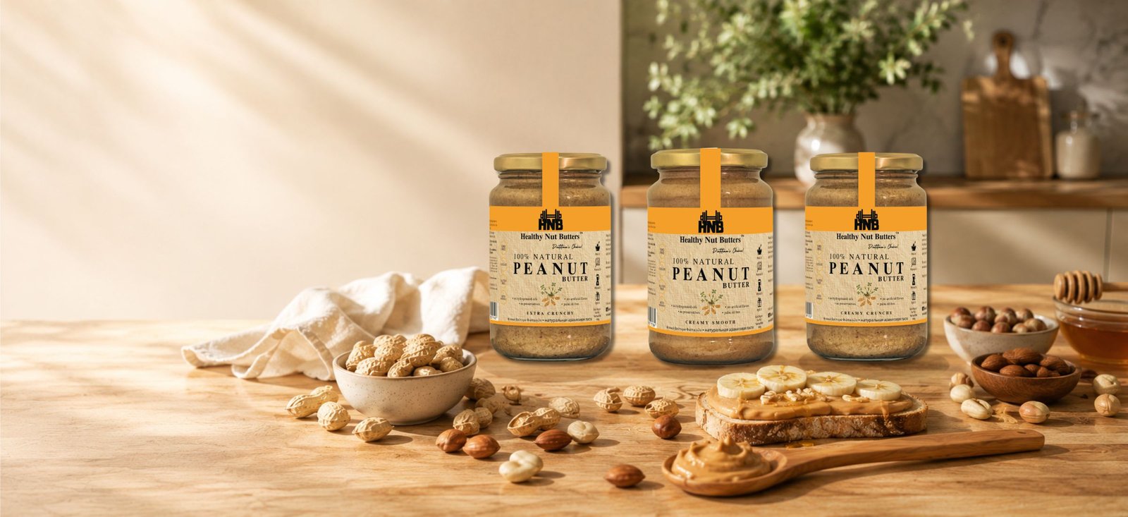 HNB Healthy Nut Butters — Creamy Smooth, Creamy Crunchy and Extra Crunchy peanut butter jars